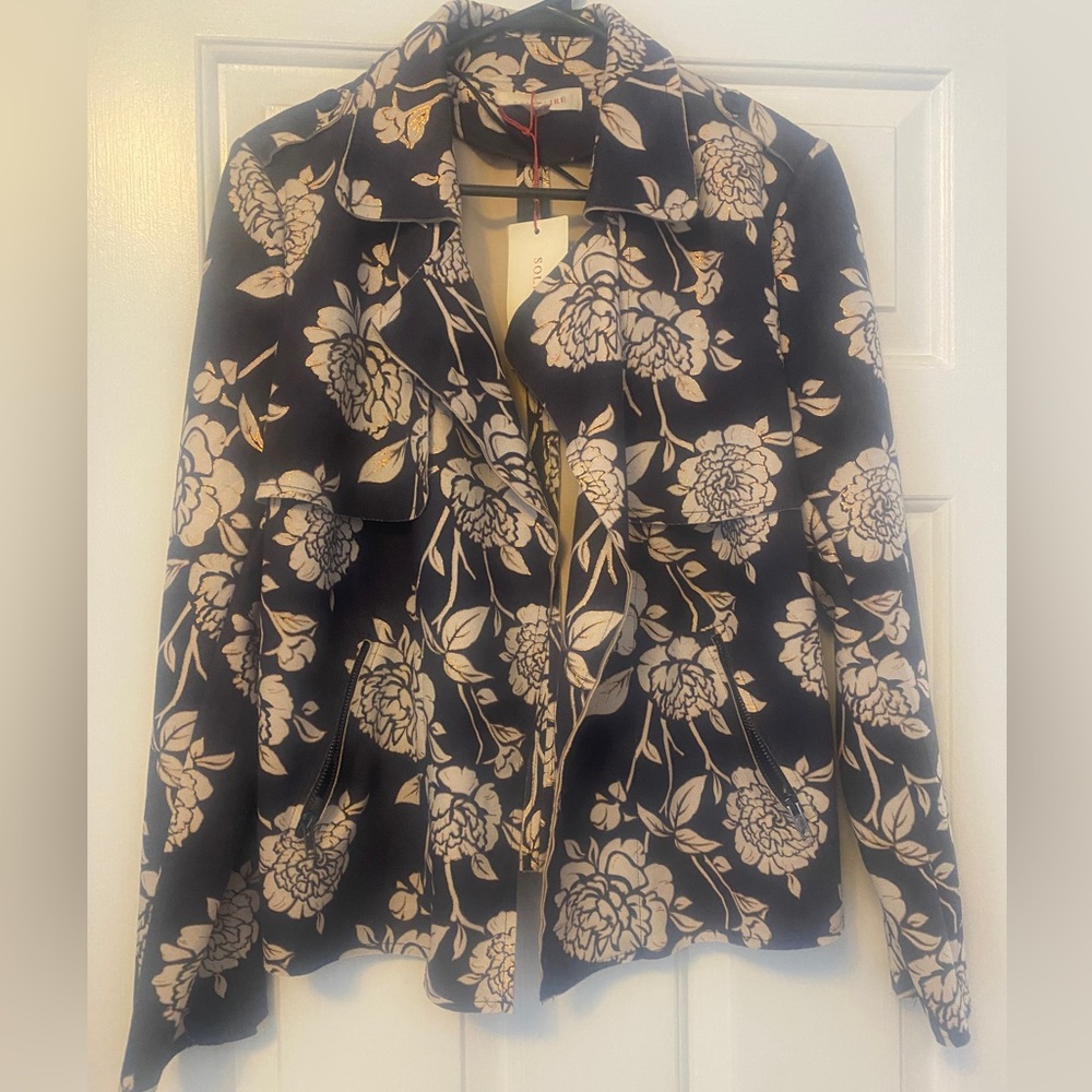 NWT Solitaire Suede Open Blazer, navy, tan, gold